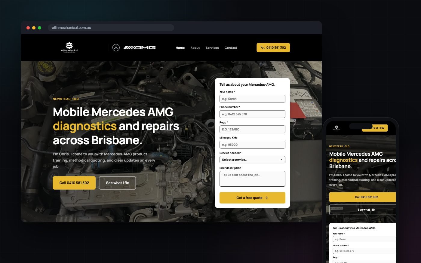 Website built by GalaxyWeb for All-In Mechanical, shown on desktop and mobile