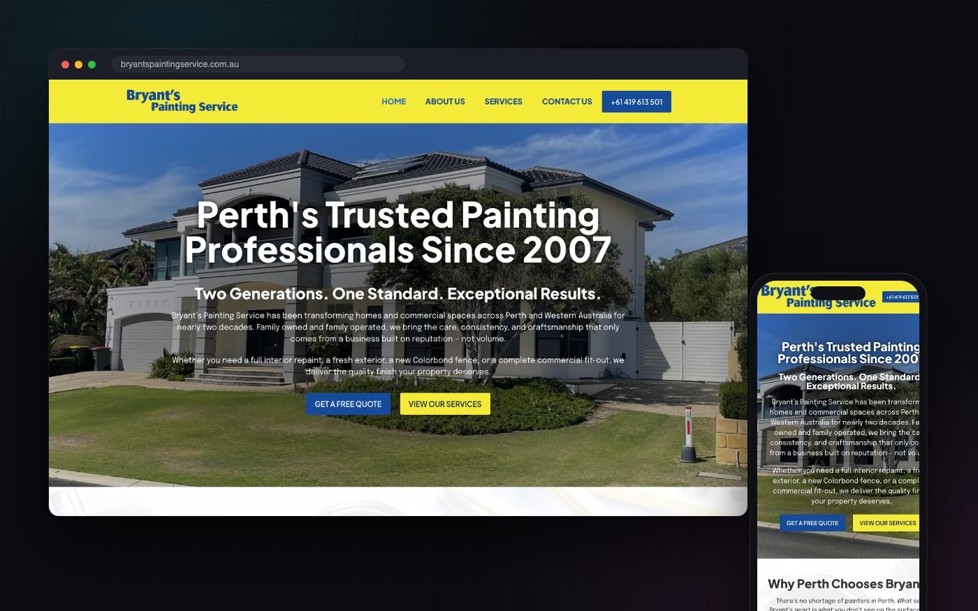 Website built by GalaxyWeb for Bryant's Painting Service, shown on desktop and mobile