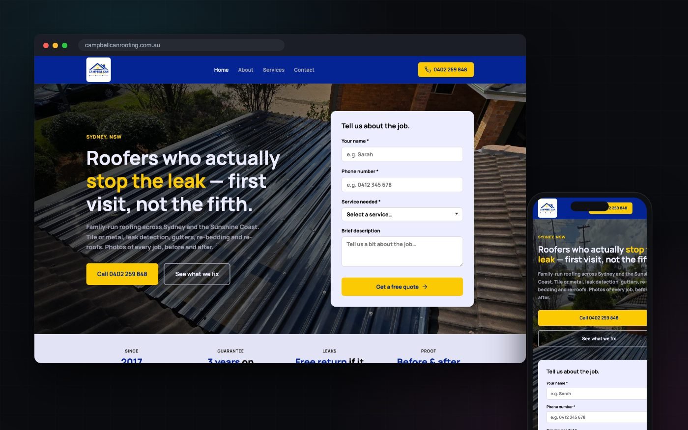 Website built by GalaxyWeb for Campbell Can Roofing, shown on desktop and mobile