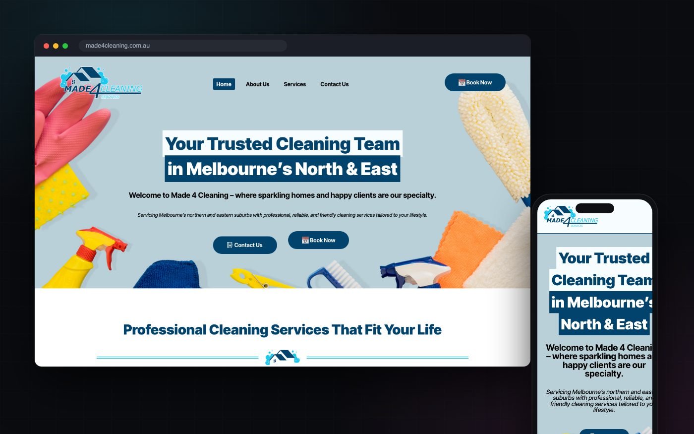 Website built by GalaxyWeb for Made 4 Cleaning, shown on desktop and mobile