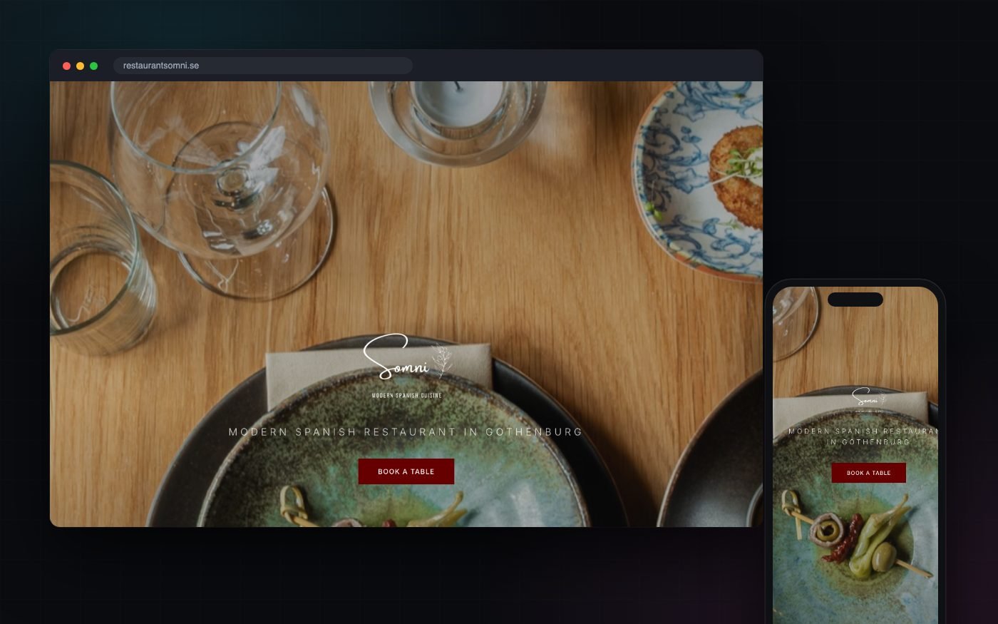 Website built by GalaxyWeb for Restaurant Somni, shown on desktop and mobile