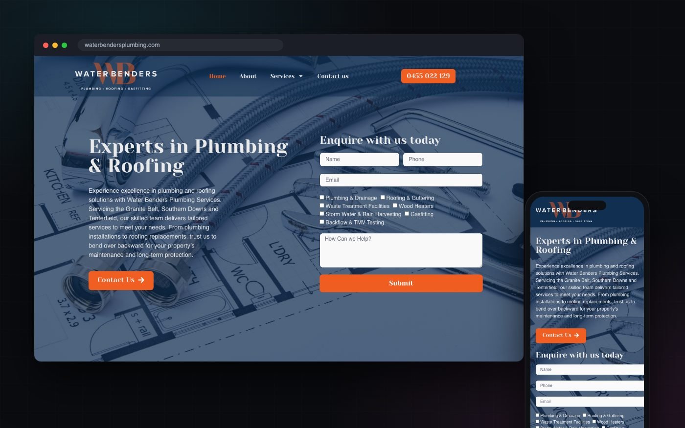 Website built by GalaxyWeb for Water Benders Plumbing, shown on desktop and mobile